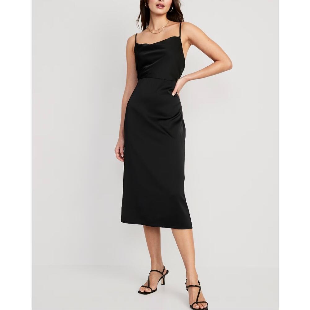 NWT Old Navy Cowl Neck Satin Black Midi Cocktail Dress Size Large Petite